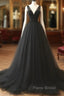 V Neck Black Tulle A Line  Formal Prom Dresses