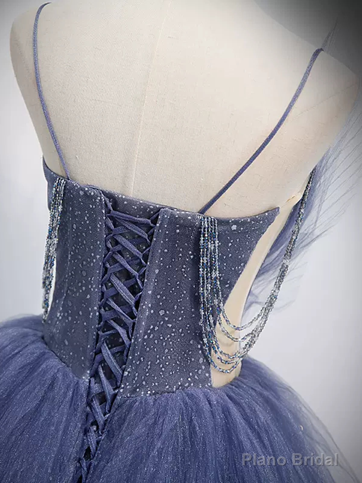 V Neck Blue Beaded Layered Long Prom Dresses, Blue High Low Formal Graduation Dresses