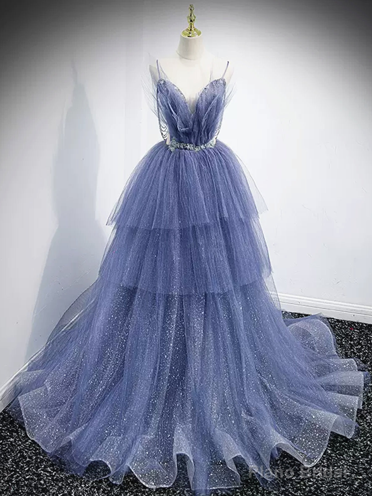 V Neck Blue Beaded Layered Long Prom Dresses, Blue High Low Formal Graduation Dresses Secondary image
