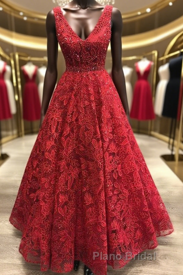 V Neck Burgundy Lace Long Formal Prom Dresses, Burgundy Lace Formal Dresses, Burgundy Evening Dresses Main image