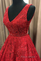 V Neck Burgundy Lace Long Formal Prom Dresses, Burgundy Lace Formal Dresses, Burgundy Evening Dresses