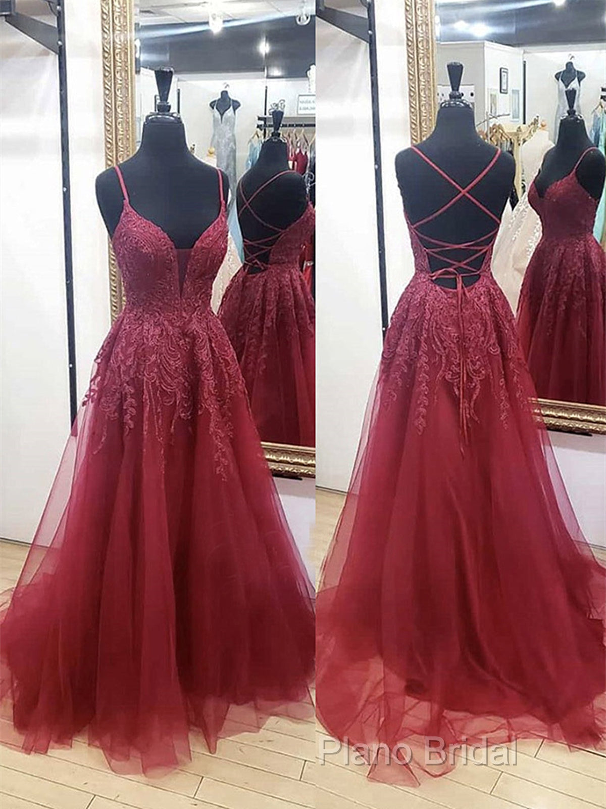 V Neck Burgundy Lace Formal Prom Dresses Long, Wine Red V Neck Lace Long Formal Dresses