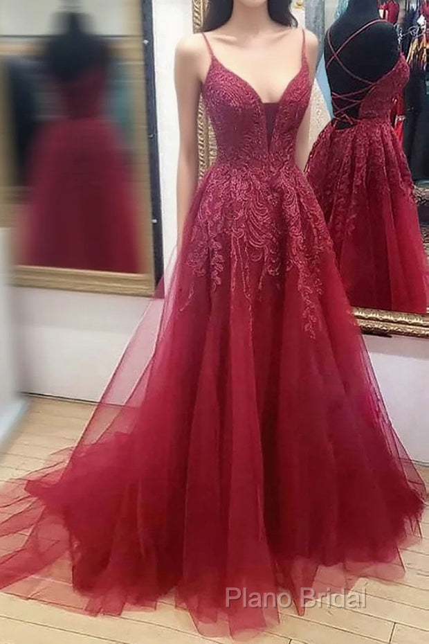 V Neck Burgundy Lace Formal Prom Dresses Long, Wine Red V Neck Lace Long Formal Dresses Main image