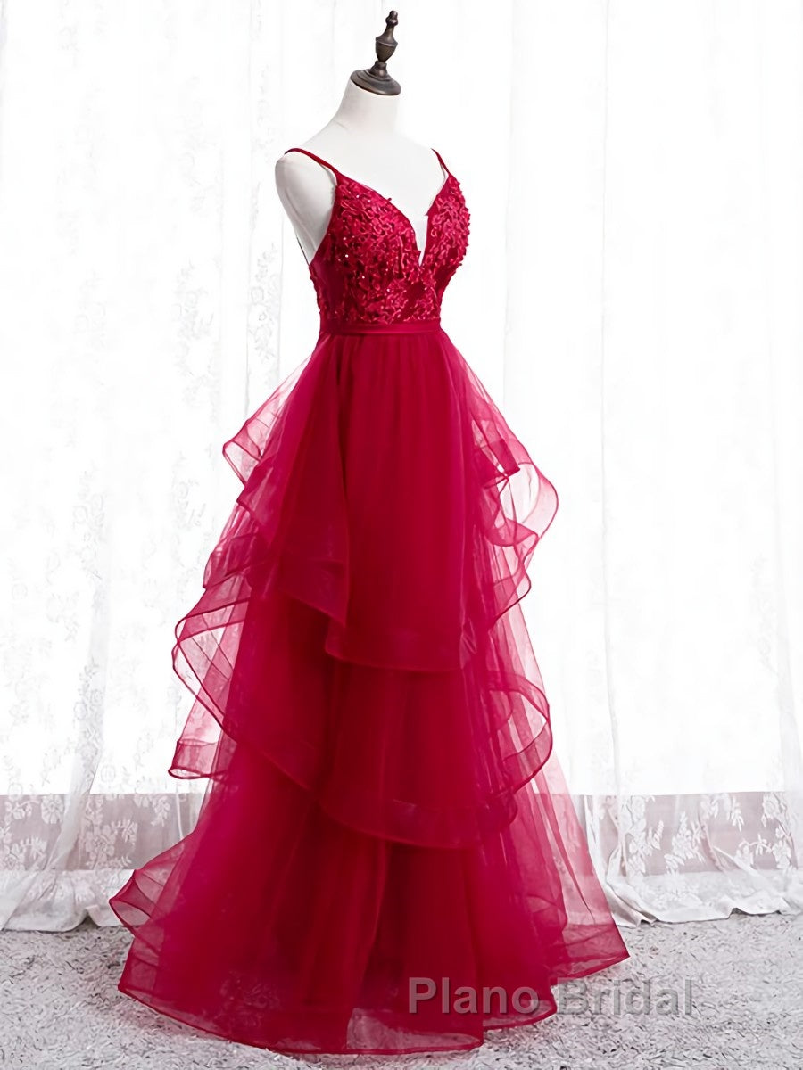 V Neck Burgundy Lace Formal Prom Dresses, Wine Red Lace Formal Evening Graduation Dresses Secondary image