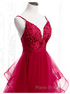 V Neck Burgundy Lace Formal Prom Dresses, Wine Red Lace Formal Evening Graduation Dresses