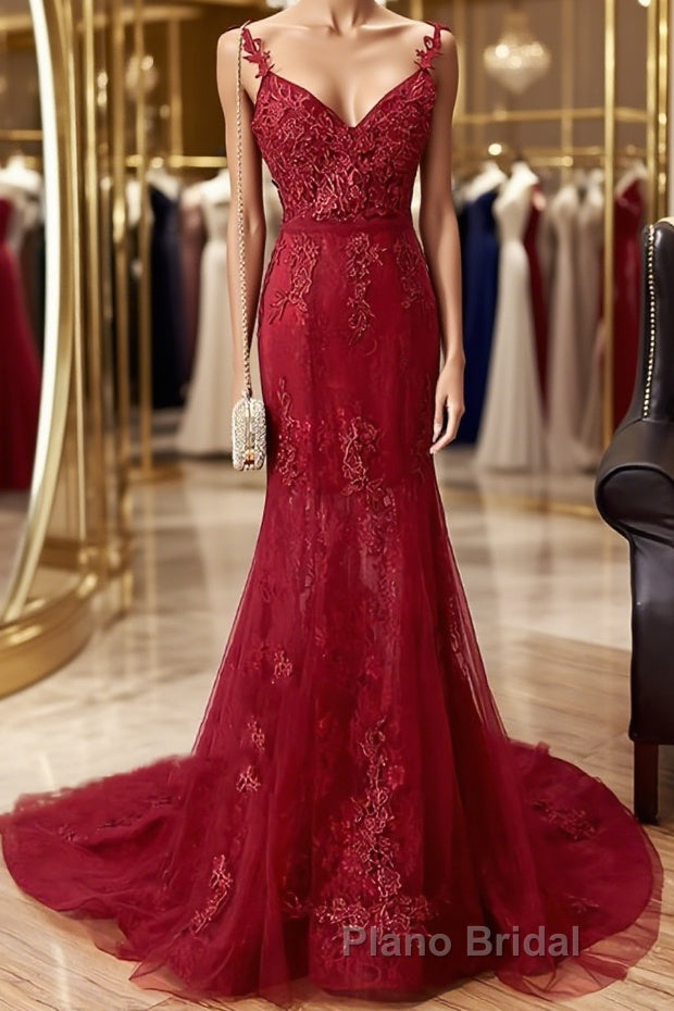 V Neck Burgundy Mermaid Lace Formal Prom Dresses, Wine Red Mermaid Lace Formal Bridesmaid Dresses