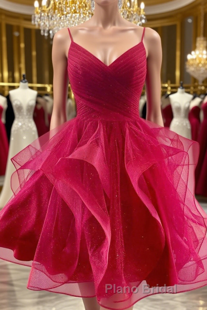 V Neck Burgundy Tulle Short Formal Prom Dresses, V Neck Burgundy Homecoming Dresses, Burgundy Graduation Formal Evening Dresses Main image