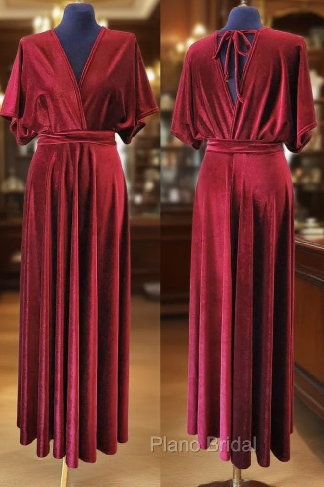V-Neck Burgundy Velvet Long Bridesmaid Dresses Main image