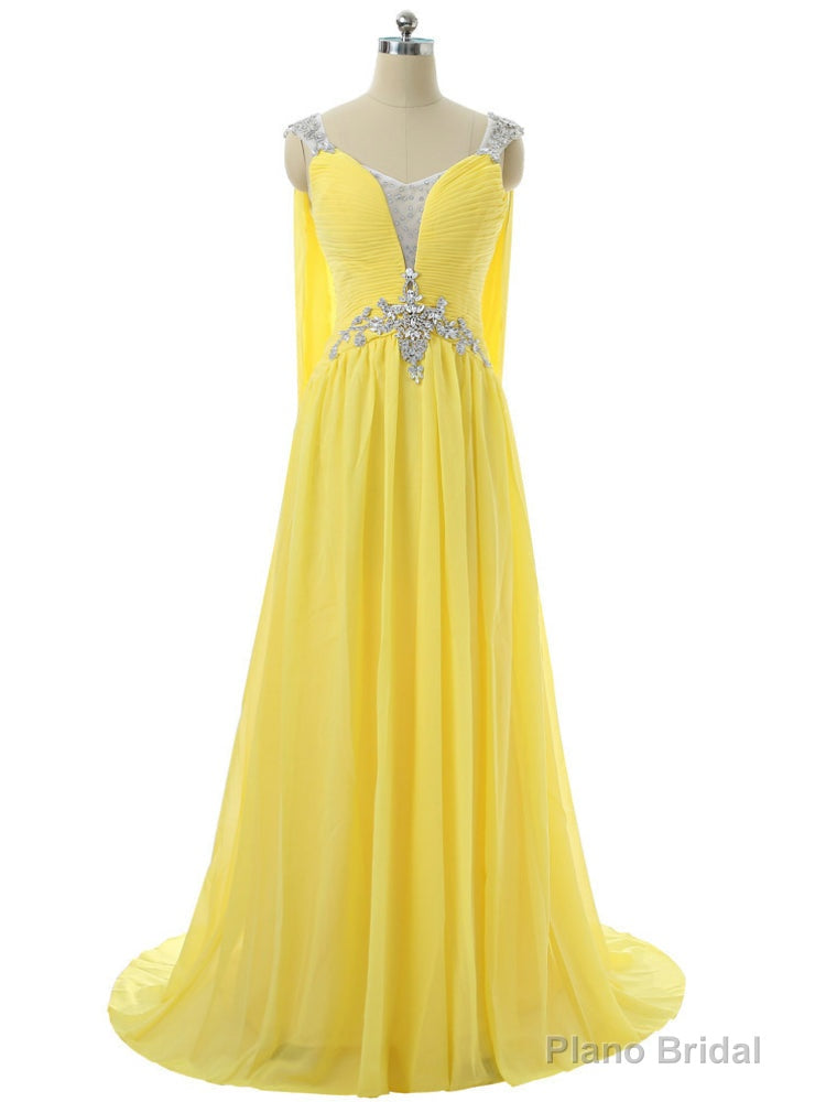 V-neck Cap Sleeves Chiffon Crystals Open Back Long Evening Dresses