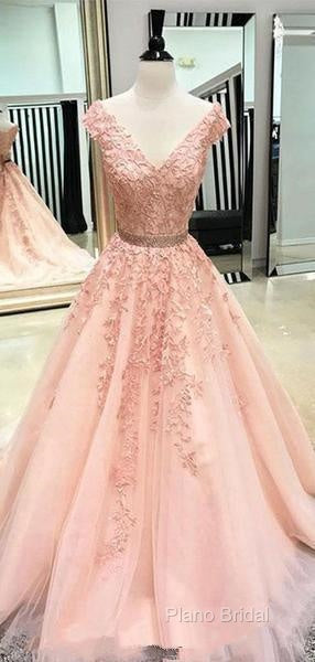 V Neck Cap Sleeves Peach Lace A-Line Long Formal Prom Dresses Secondary image