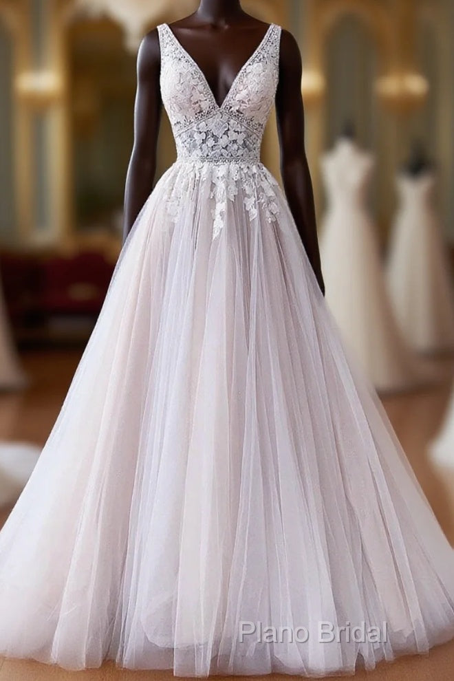 V Neck Champagne Lace Wedding Dresses, V Neck Champagne Lace Formal Prom Dresses Main image