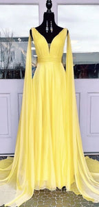 V-neck Chiffon Long Formal Prom Dresses, A-line Formal Prom Dresses