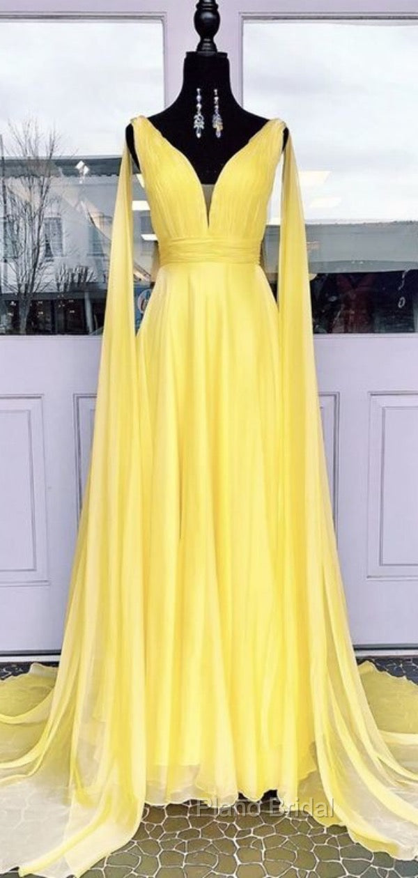 V-neck Chiffon Long Formal Prom Dresses, A-line Formal Prom Dresses