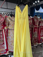 V-neck Chiffon Long Formal Prom Dresses, A-line Formal Prom Dresses