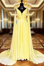 V-neck Chiffon Long Formal Prom Dresses, A-line Formal Prom Dresses