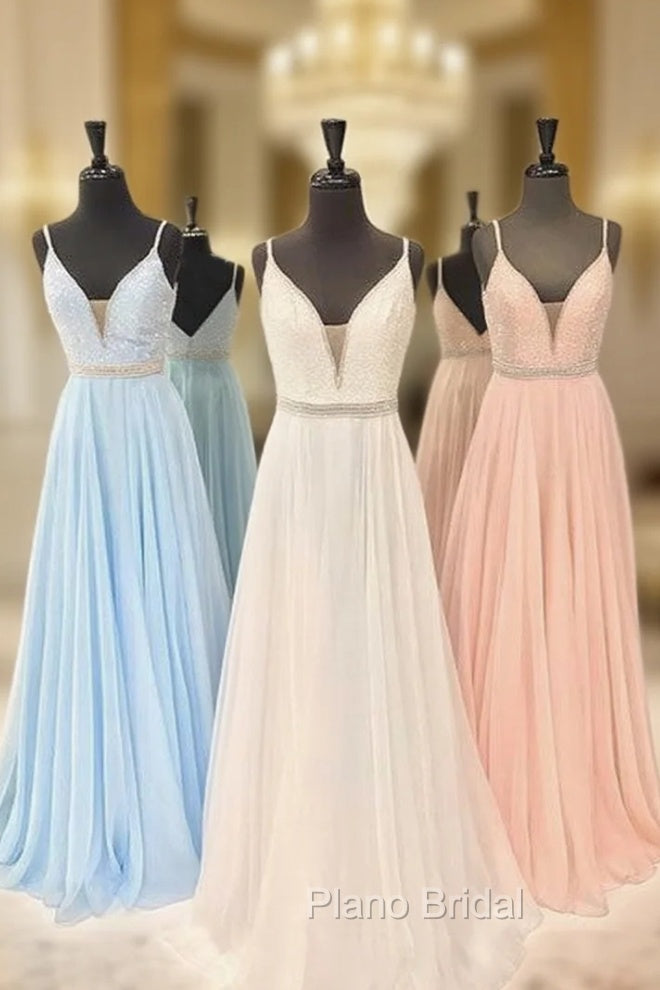 V Neck Chiffon Sequin Long Formal Prom Dresses, Cute Formal Dresses Main image