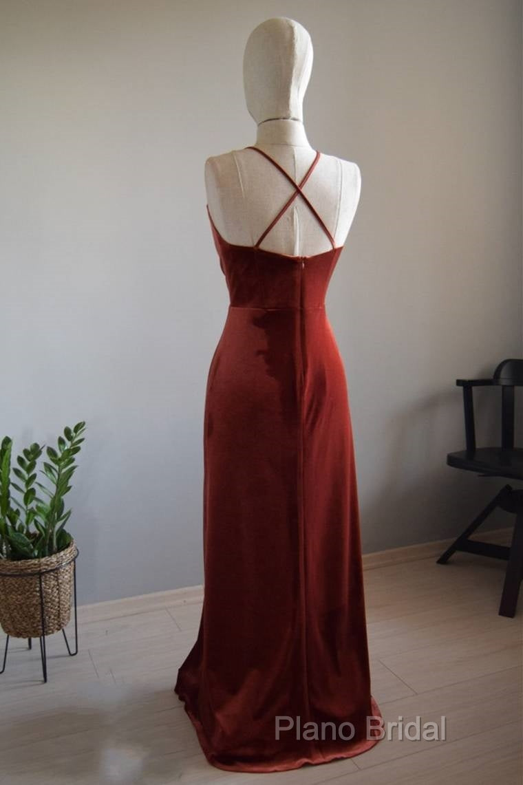 V-Neck Copper Velvet Long Bridesmaid Dresses With Strap Back Secondary image