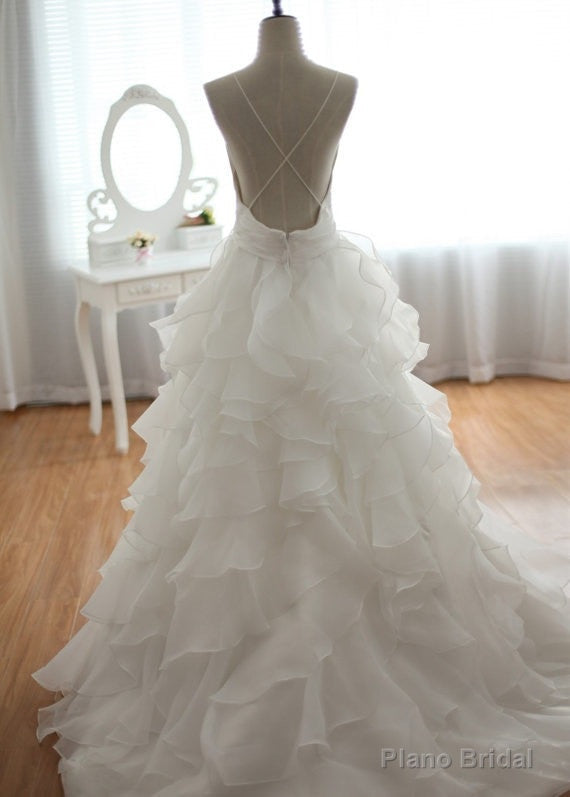 V Neck Court Train Backless White Wedding Dress, Backless Wedding Prom Gowns Secondary image
