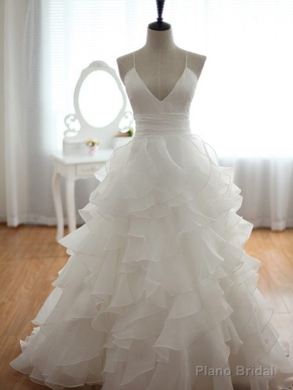 V Neck Court Train Backless White Wedding Dress, Backless Wedding Prom Gowns Main image