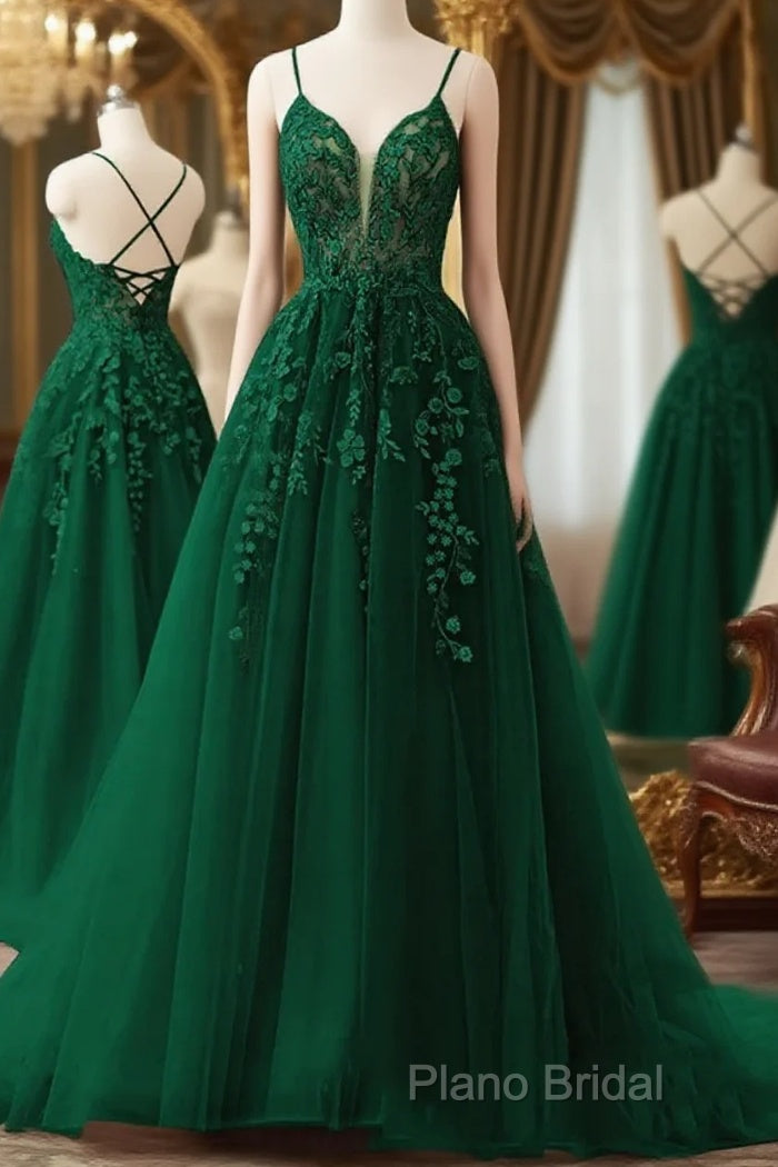 V Neck Dark Green Lace Long Formal Prom Dresses, V Neck Dark Green Lace Long Formal Dresses Main image