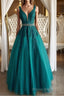 V Neck Dark Green Lace Formal Prom Dresses, Dark Green Lace Formal Evening Dresses