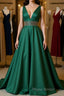 V Neck Emerald Green Satin Long Formal Prom Dress, Emerald Green Formal Graduation Evening Dress