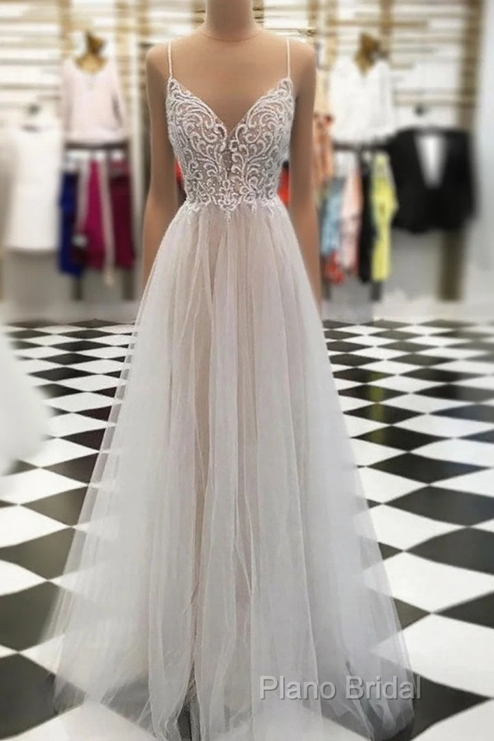 V Neck Floor Length Champagne Lace Formal Prom Dresses, Champagne Lace Wedding Dresses, Formal Dresses Main image