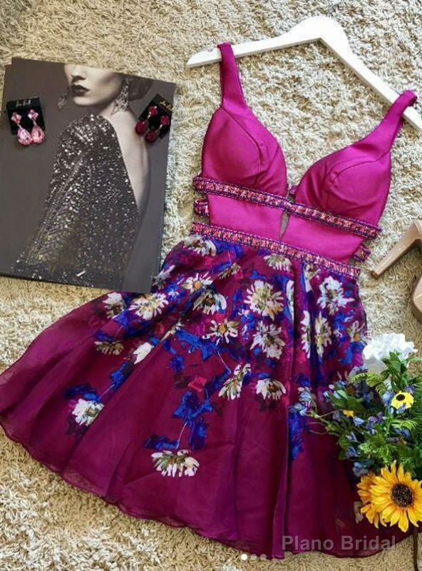 V Neck Floral Homecoming Dresses Ball Gown Fuchsia