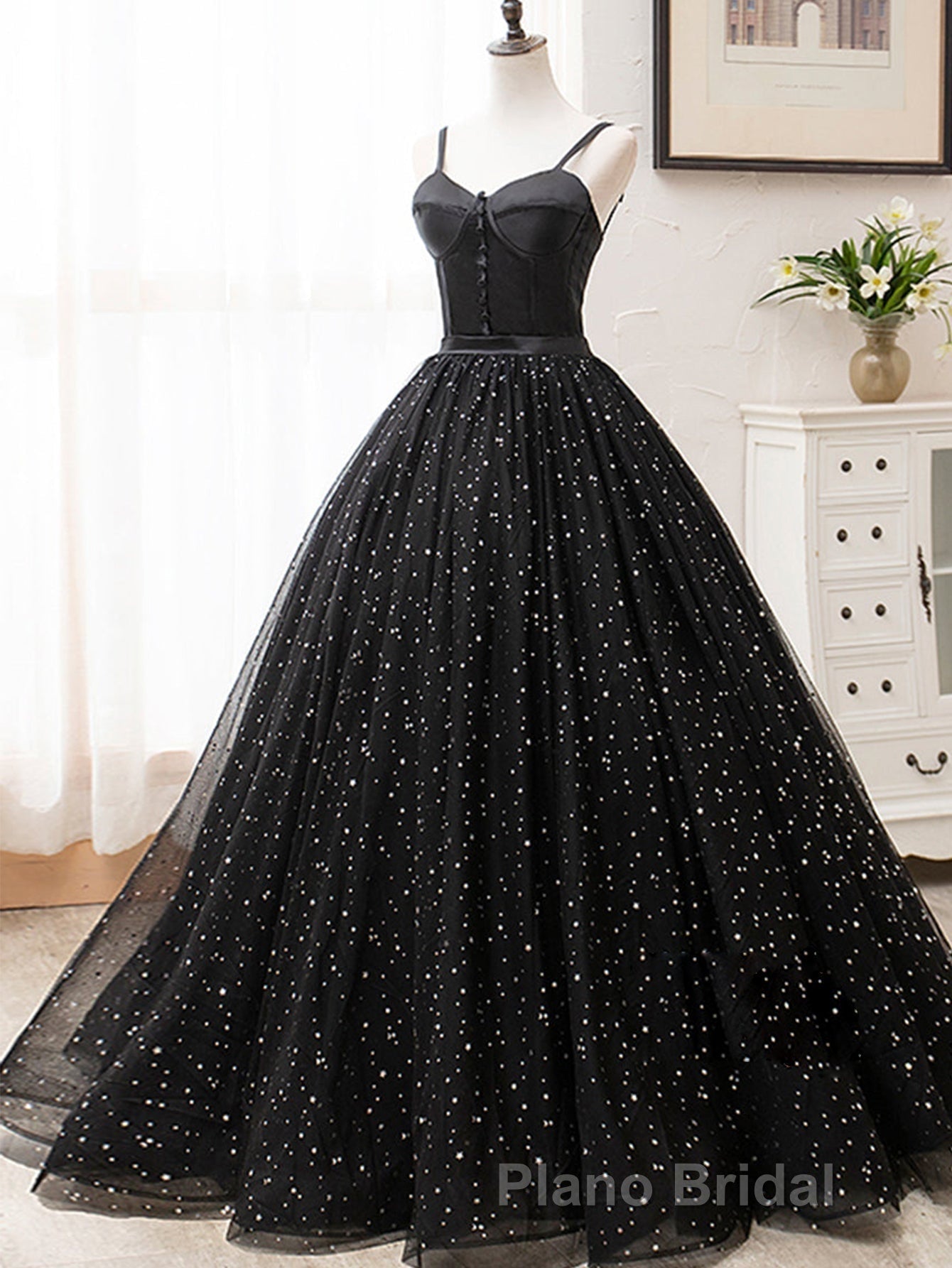 V Neck Glitter Black Long Formal Prom Dresses