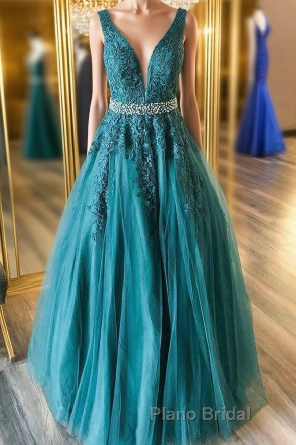 V Neck Green Lace Long Formal Prom Dress with Beaded Belt, Long Green Lace Formal Evening Dress