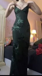 V Neck Green Formal Prom Dresses Formal Evening Gowns With Sequin Appliques