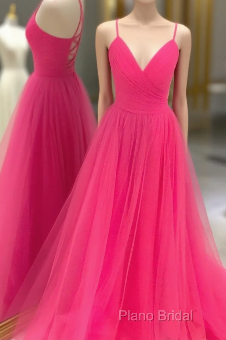 V Neck Hot Pink Backless Formal Prom Dresses, Open Back Hot Pink Long Formal Dresses Main image