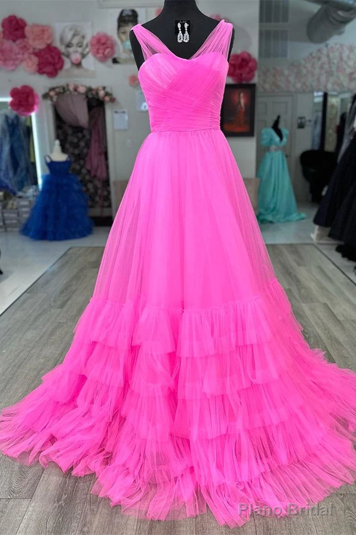 V Neck Hot Pink Black Long Prom Dresses, Pink Black Long Formal Evening Dresses Secondary image