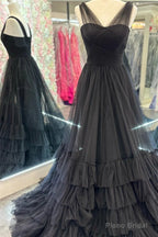 V Neck Hot Pink Black Long Prom Dresses, Pink Black Long Formal Evening Dresses