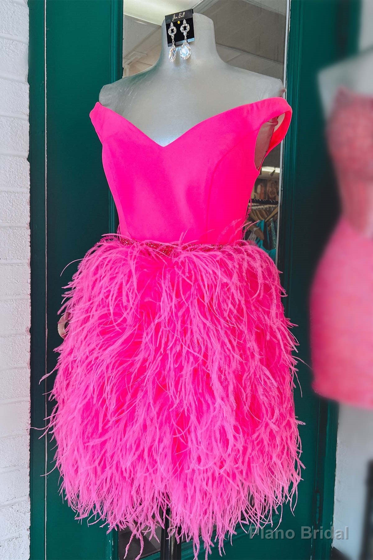 V-Neck Hot Pink Tight Homecoming Dress with Feathered Skirt Main image