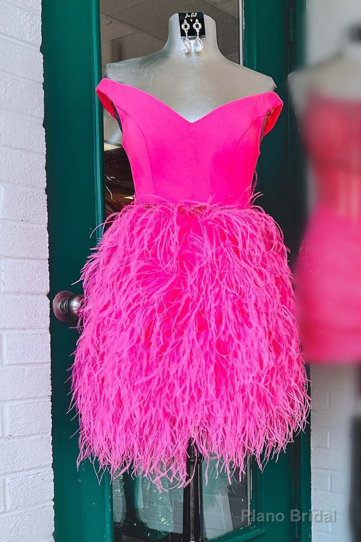 V-Neck Hot Pink Tight Homecoming Dress with Feathered Skirt Secondary image