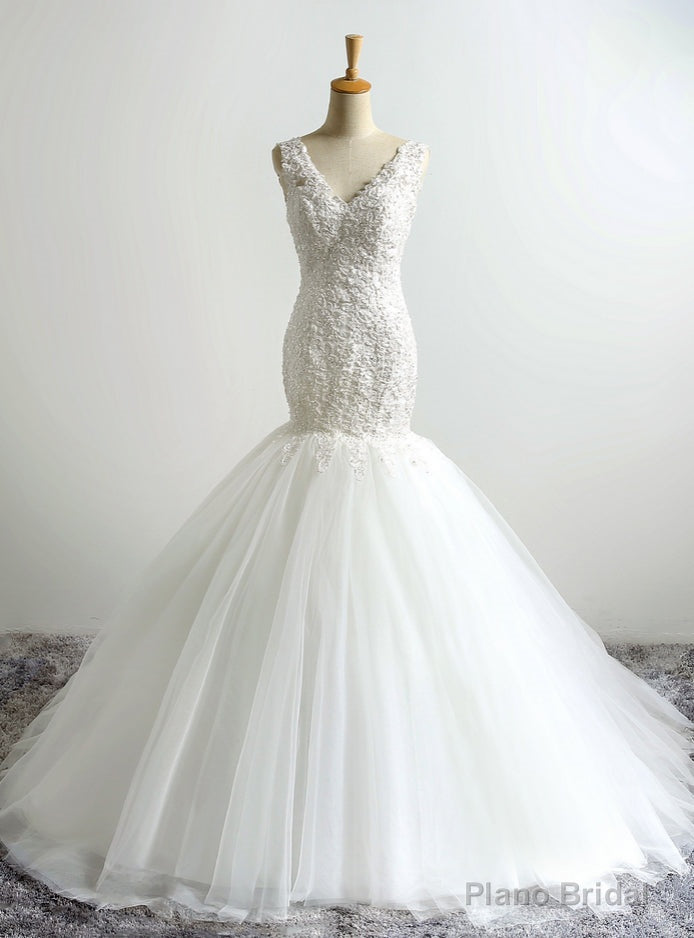 V-Neck Lace Applique Mermaid Wedding Dress with Open Back Main image