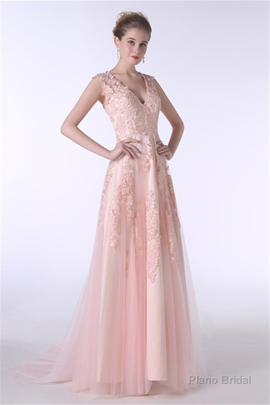V-Neck Lace Applique Tulle A Line Peach Pink Prom Dresses Secondary image