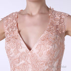 V-Neck Lace Applique Tulle A Line Peach Pink Prom Dresses