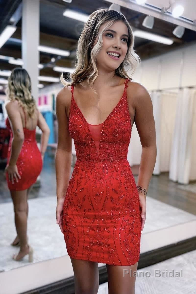 V neck Lace Appliques Short Homecoming Dress Tight Graduation Dress Main image