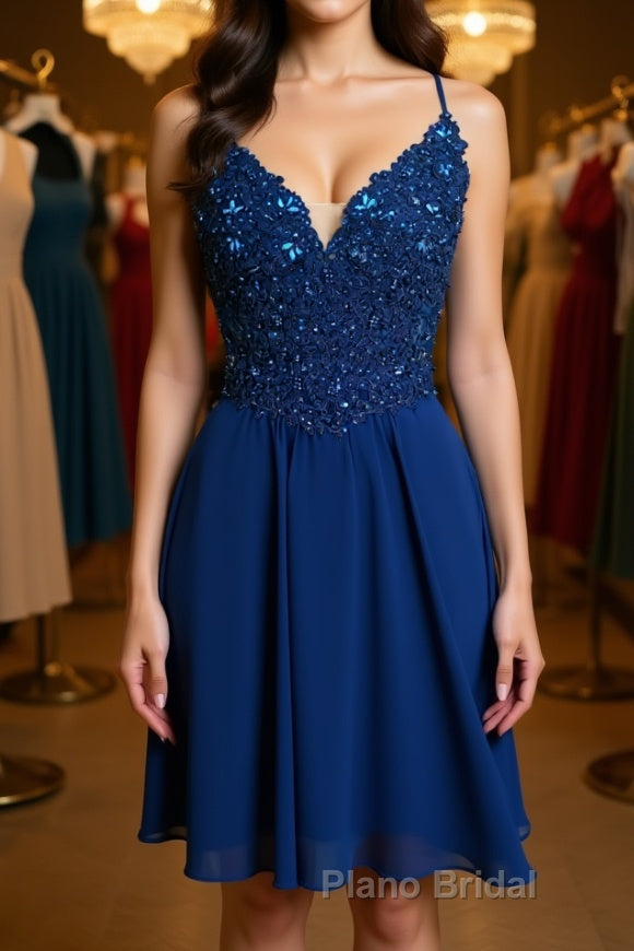 V Neck Lace Beaded Blue Homecoming Dresses Short Formal Prom Dresses, Blue Lace Graduation Dresses, Blue Formal Dresses, Evening Dresses Main image