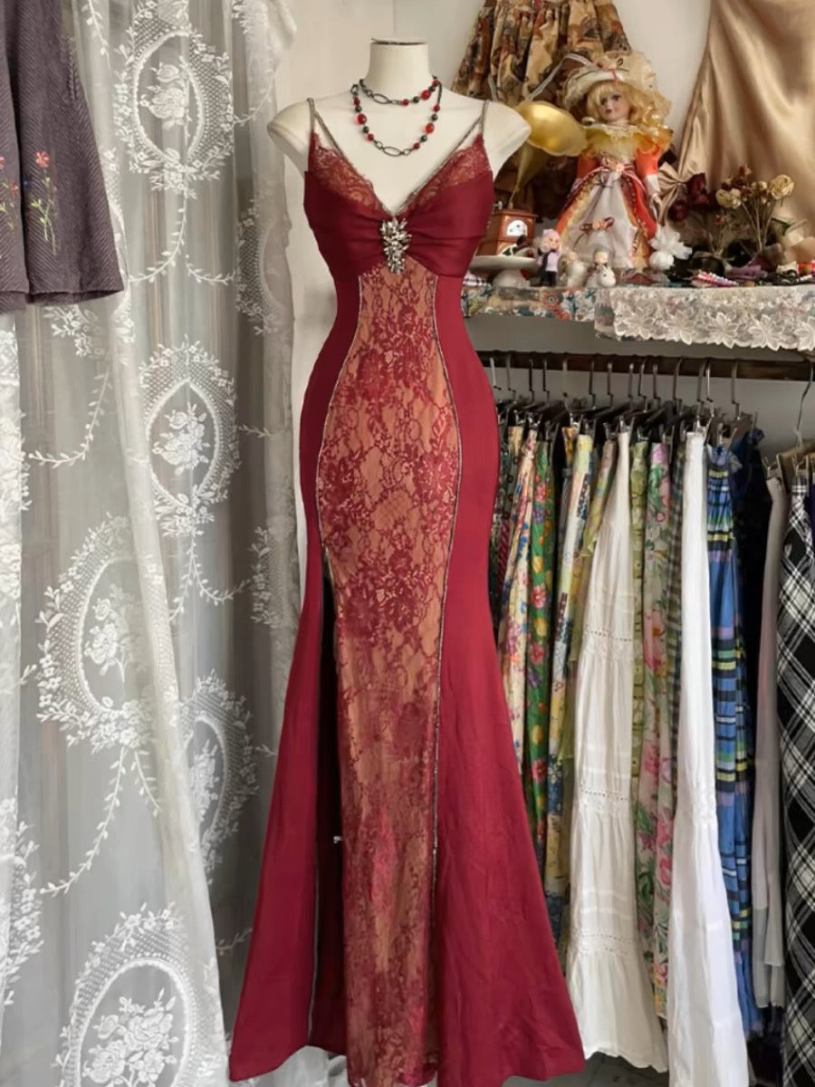 V Neck Lace Burgundy Formal Prom Dresses Vintage Mermaid Formal Evening Party Gown Birthday Dresses