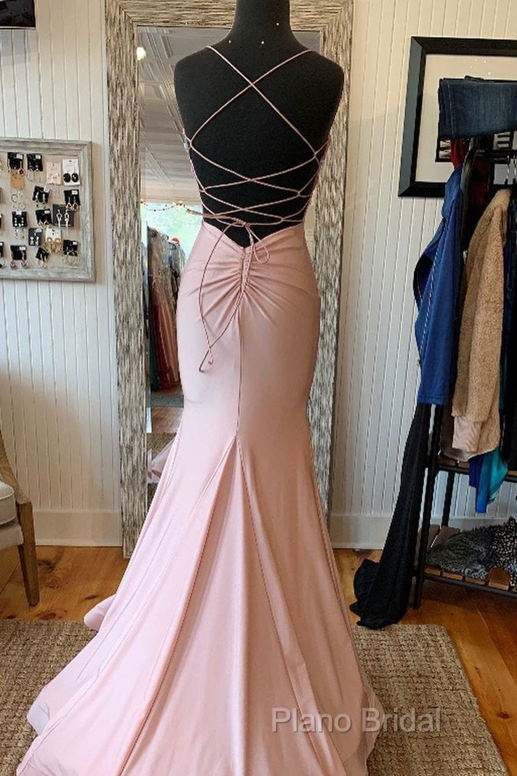 V Neck Lace-Up Back Sexy Mermaid Pink Long Formal Prom Dresses Secondary image