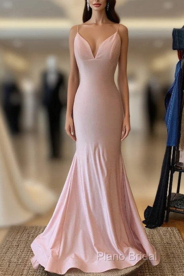 V Neck Lace-Up Back Sexy Mermaid Pink Long Formal Prom Dresses Main image