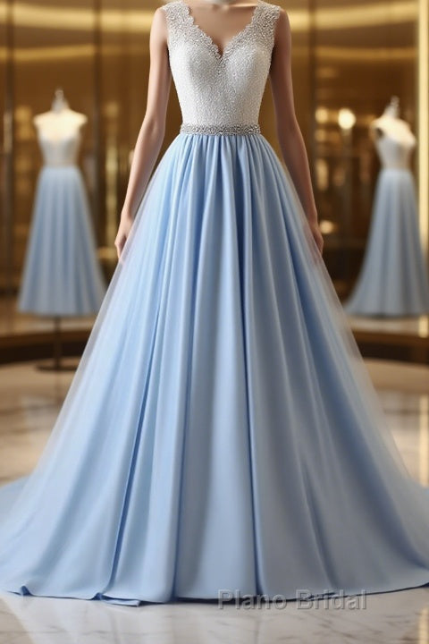 V Neck Light Blue Lace Formal Prom Dresses, Light Blue Lace Formal Evening Dresses Main image