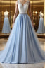 V Neck Light Blue Lace Formal Prom Dresses, Light Blue Lace Formal Evening Dresses
