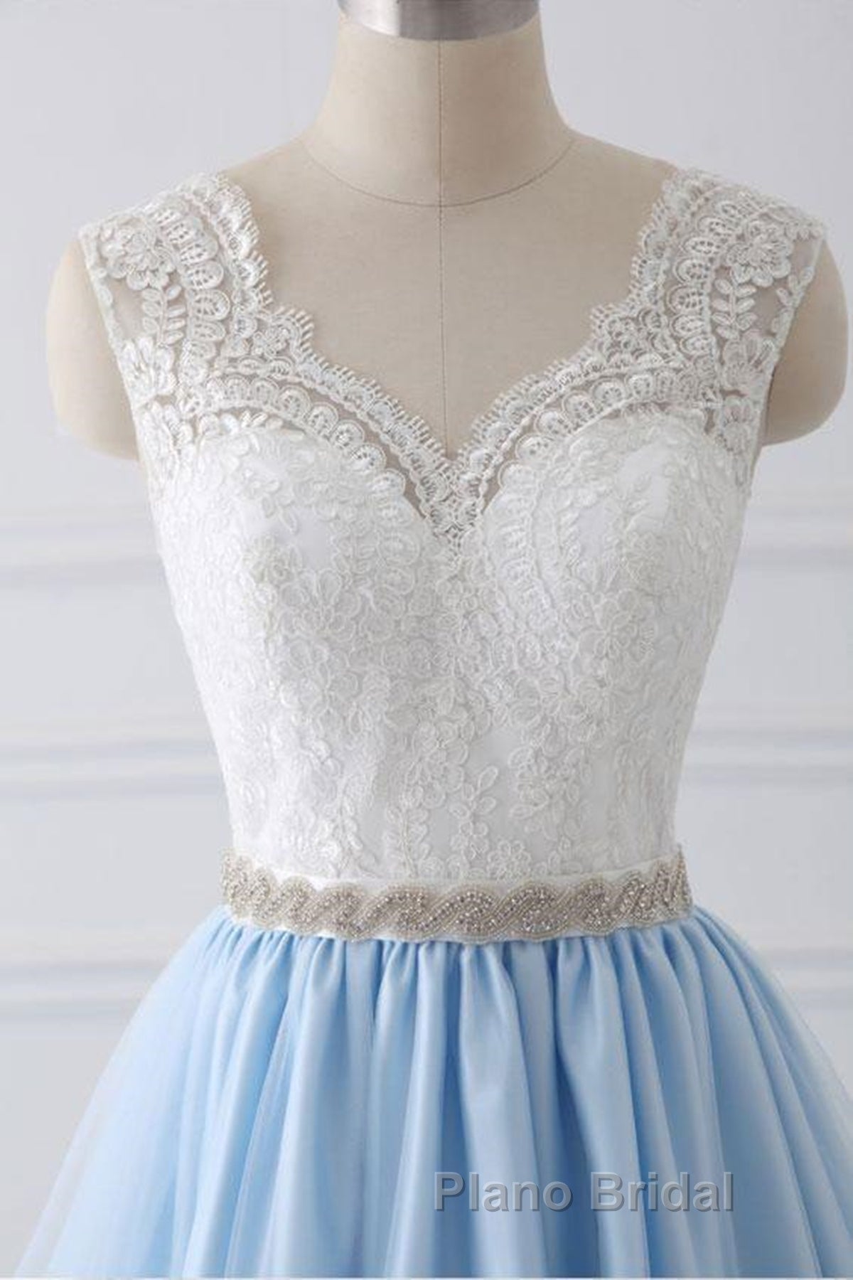 V Neck Light Blue Lace Formal Prom Dresses, Light Blue Lace Formal Evening Dresses