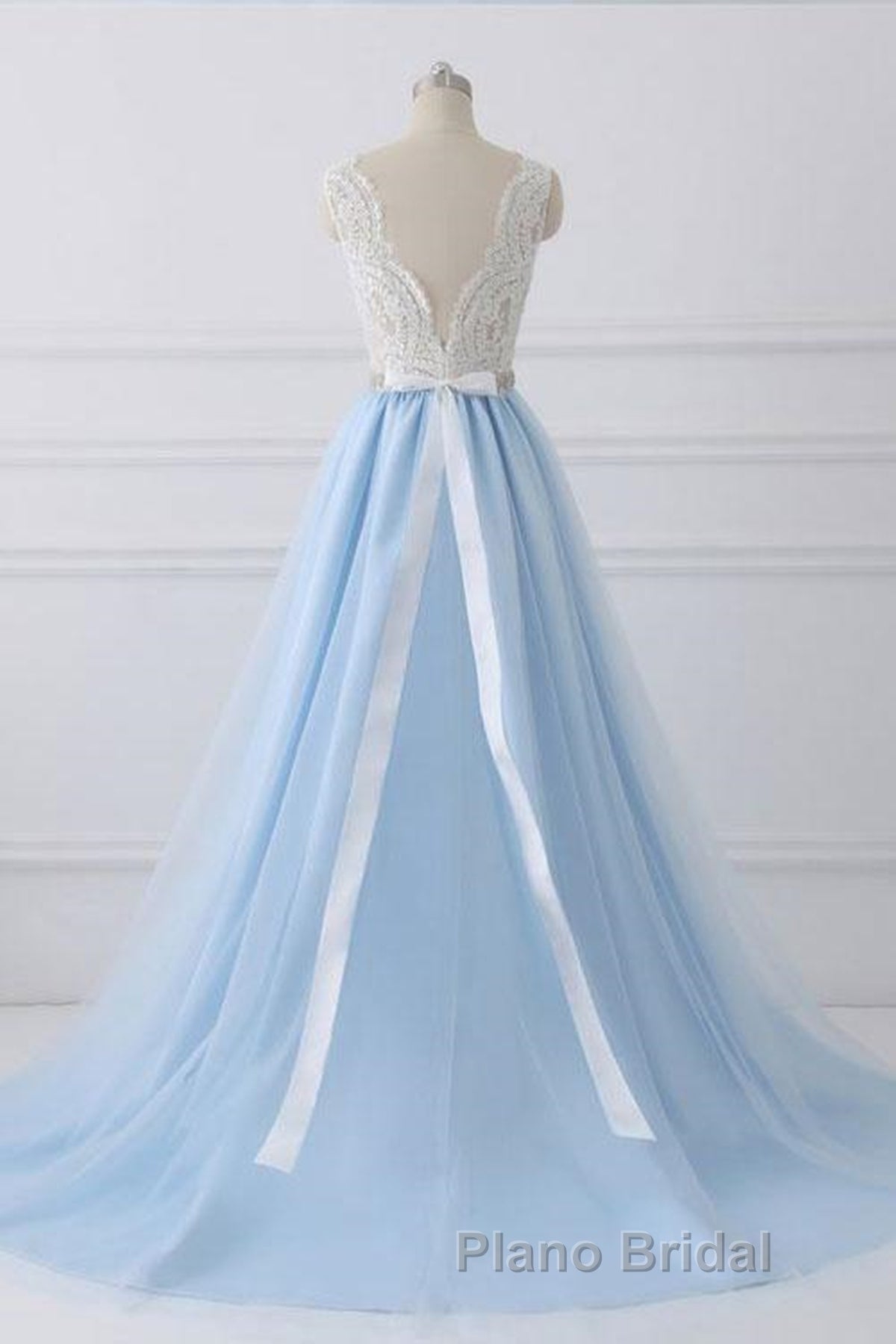 V Neck Light Blue Lace Formal Prom Dresses, Light Blue Lace Formal Evening Dresses