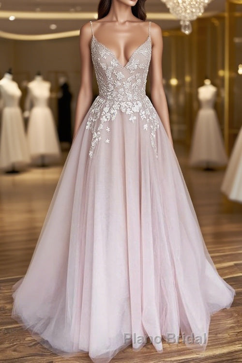 V Neck Light Pink Tulle Lace Formal Prom Dresses, Light Pink Tulle Lace Formal Evening Dresses Main image