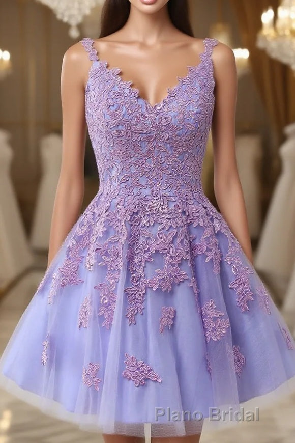 V-Neck Lilace Tulle A-Line Short Party Dresses with Appliques Main image